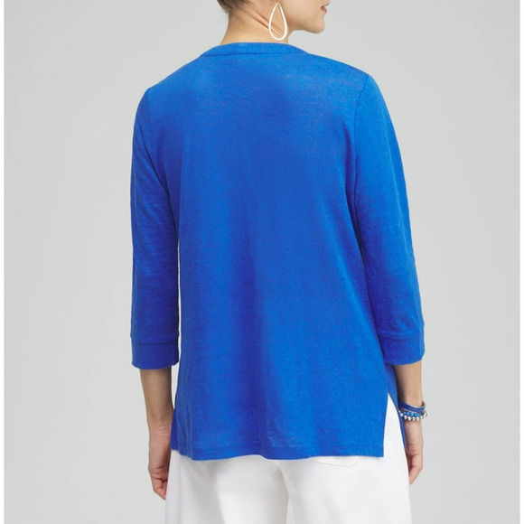 Chico's Stretch Linen Embellished Tunic Top Size Large /2 Blue Knit 3/4 Sleeve - Picture 6 of 10